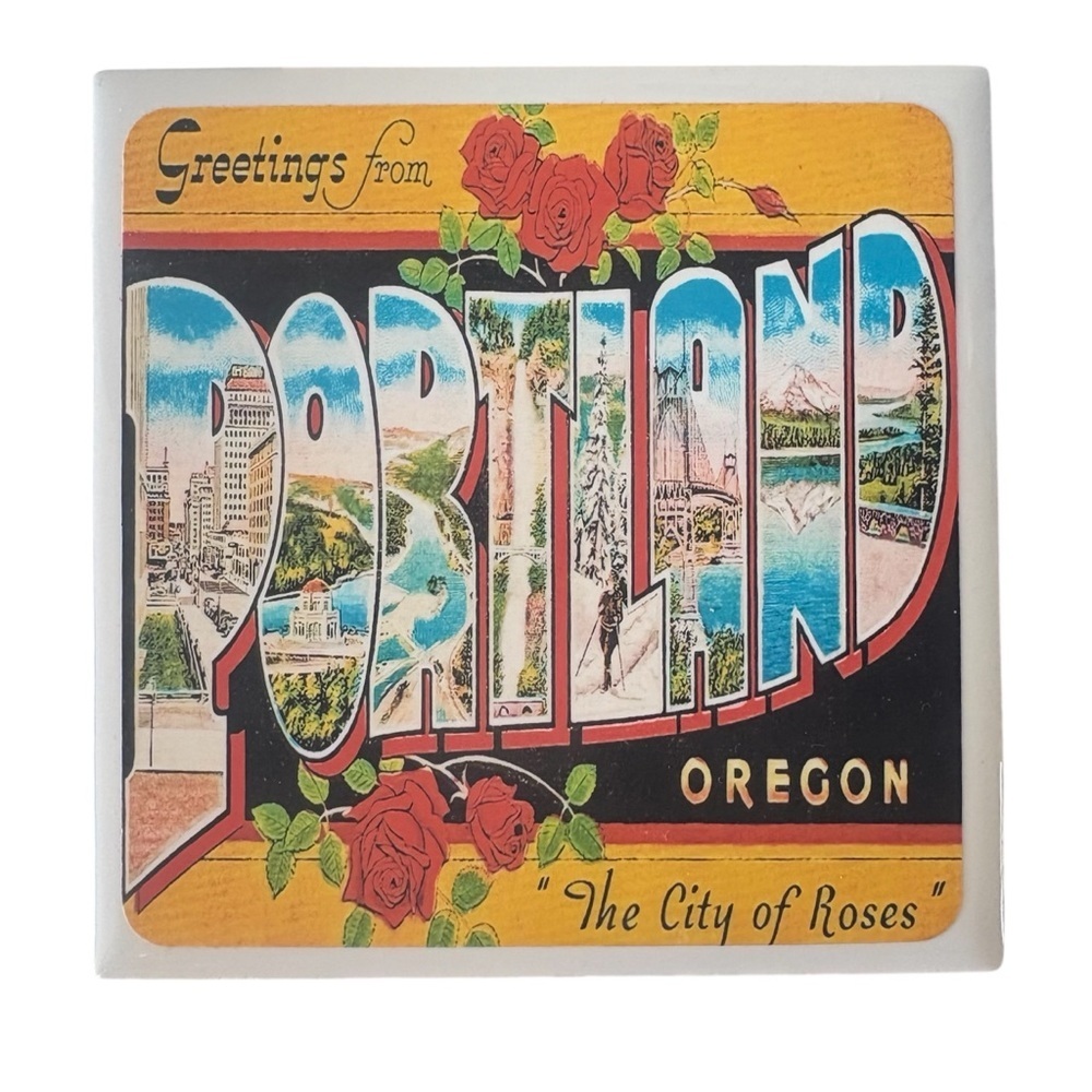 Portland Souvenir Ceramic Coaster “The City of Roses” Colorful Tile VTG Style